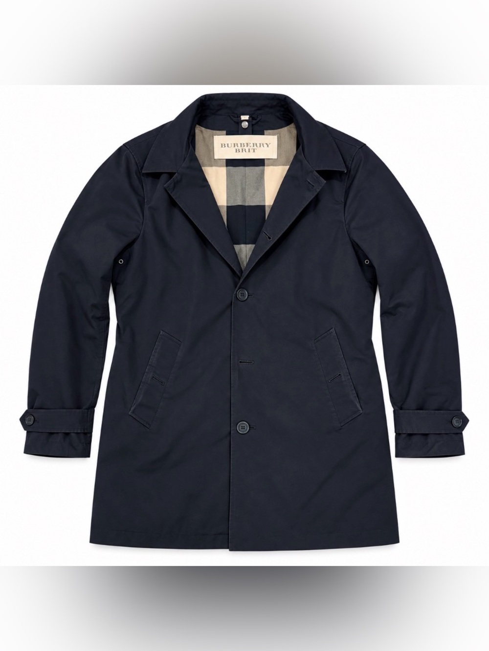 Burberry Brit Men’s Black Overcoat Size M Plaid Lined Lightweight Trench Coat